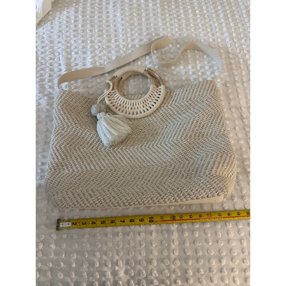 America & Beyond Woven Chevron Tote Ivory Silver Tassel Crossbody Wicker Handle
